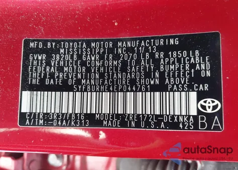 2014 Toyota Corolla Le z USA, uszkodzony, nr VIN 5YFBURHE4EP044761